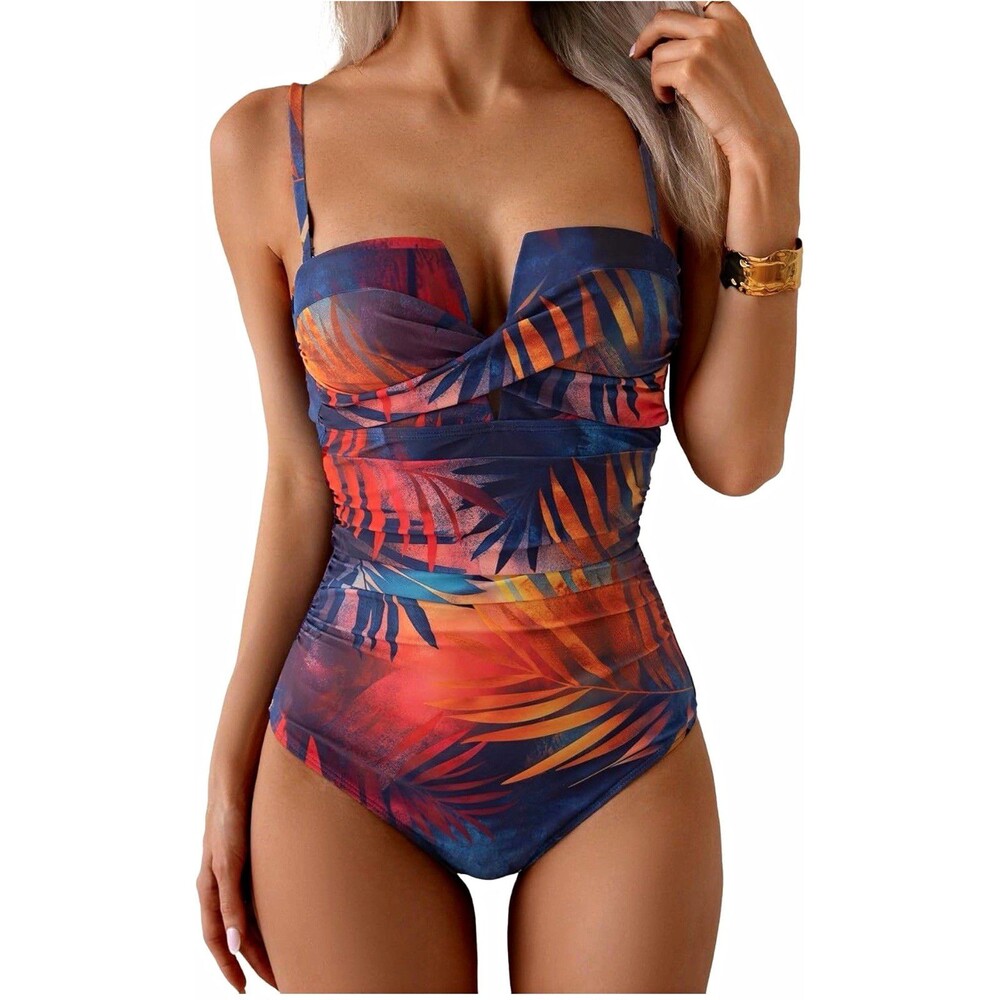 Eomenie Women's Multicolor Tropical One Piece Swimsuit Lined B Cup, L
